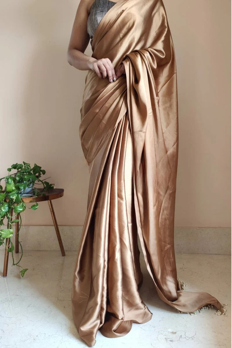 Pretty 1 Minute Ready To Wear Golden Brown Satin Silk Saree