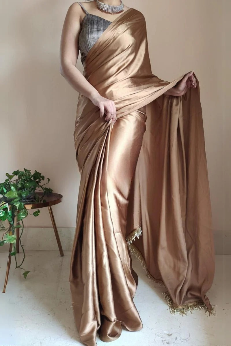 Pretty 1 Minute Ready To Wear Golden Brown Satin Silk Saree