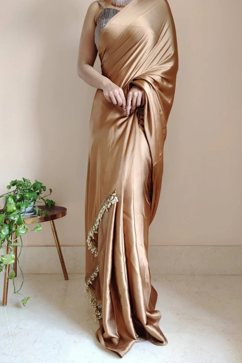 Pretty 1 Minute Ready To Wear Golden Brown Satin Silk Saree