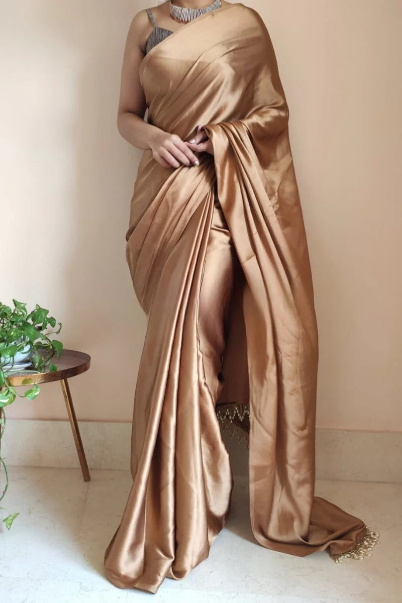 Pretty 1 Minute Ready To Wear Golden Brown Satin Silk Saree