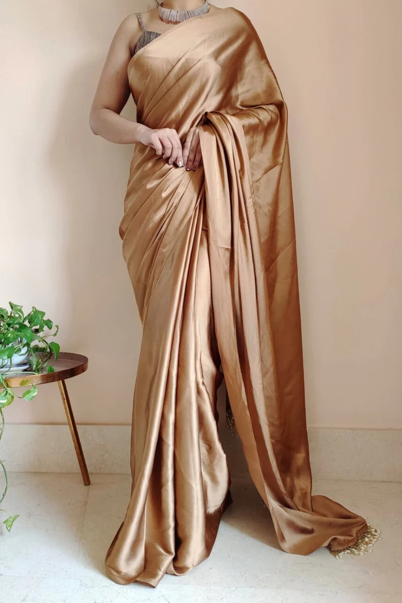 Pretty 1 Minute Ready To Wear Golden Brown Satin Silk Saree