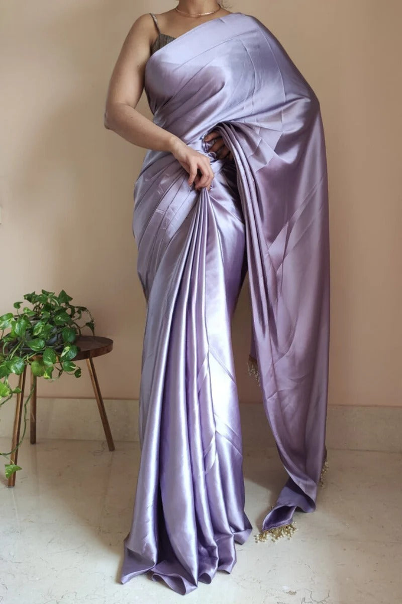An insanely 1 Minute Ready To Wear Lavender Satin Silk Saree