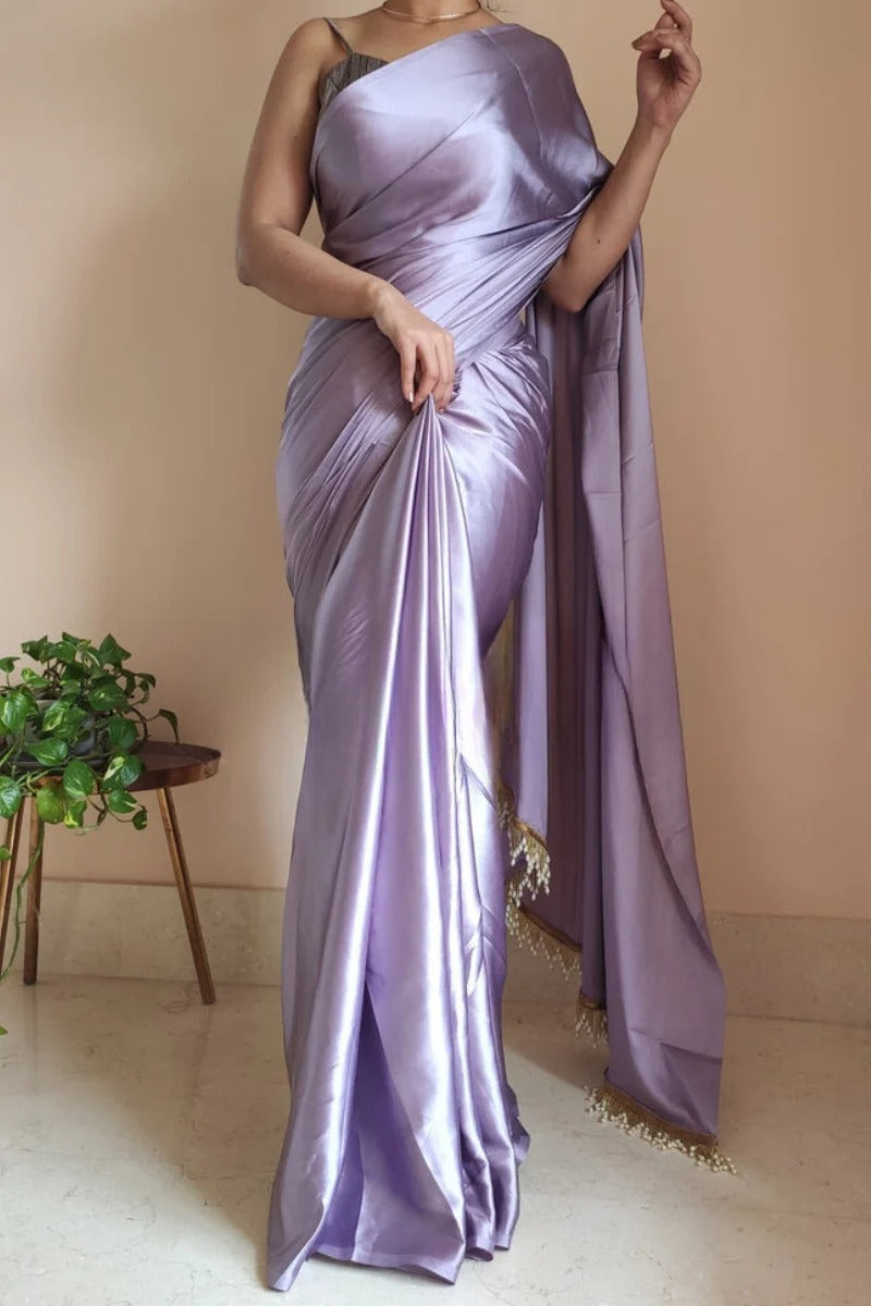 An insanely 1 Minute Ready To Wear Lavender Satin Silk Saree