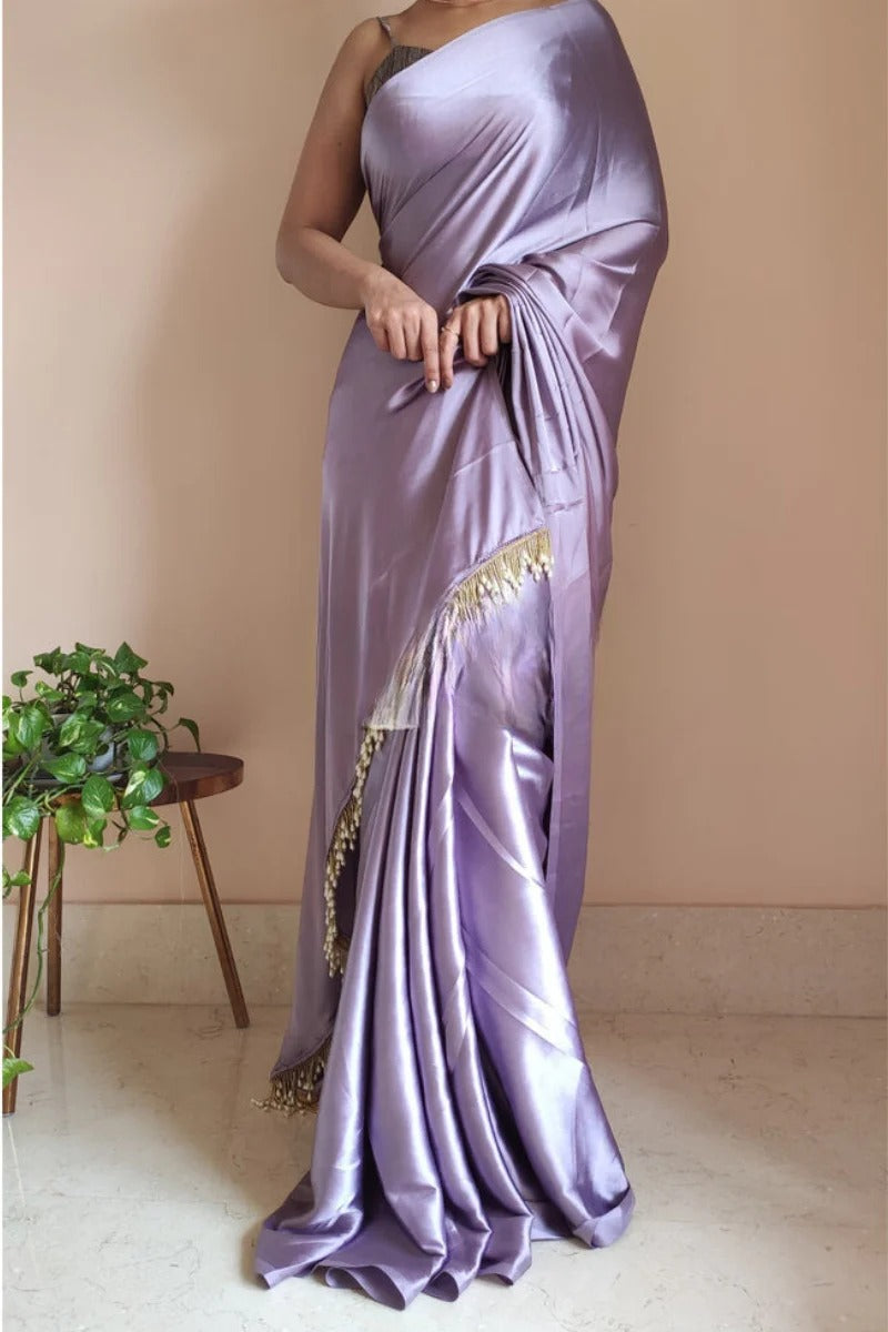 An insanely 1 Minute Ready To Wear Lavender Satin Silk Saree