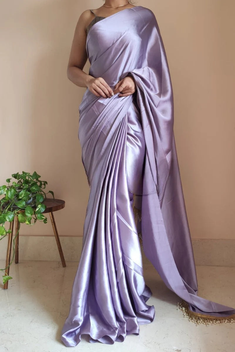 An insanely 1 Minute Ready To Wear Lavender Satin Silk Saree