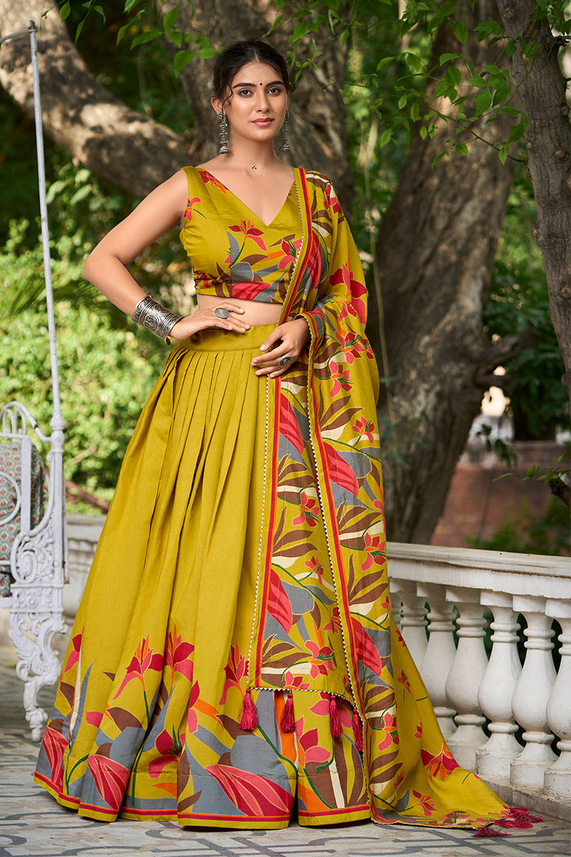 Mustard Yellow Tusser Silk Floral Print Lehenga Choli with Dupatta