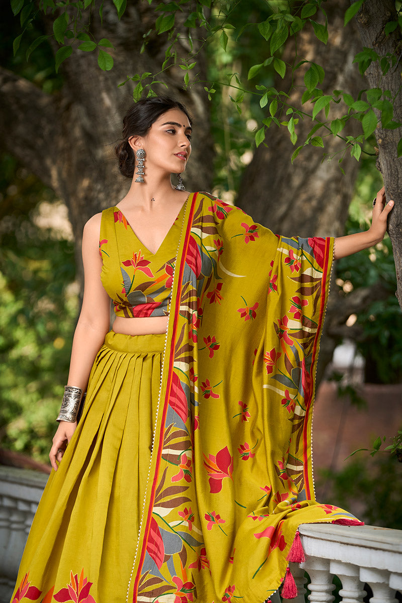 Mustard Yellow Tusser Silk Floral Print Lehenga Choli with Dupatta