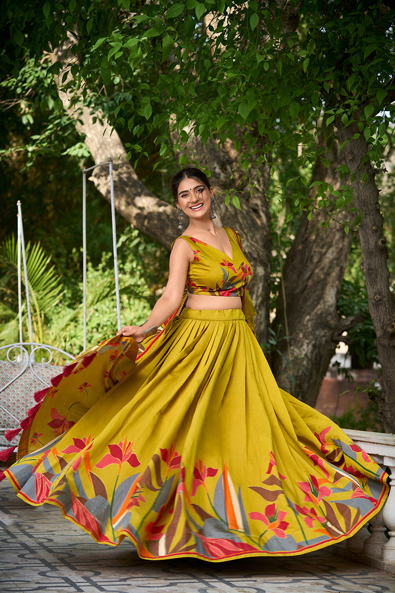 Mustard Yellow Tusser Silk Floral Print Lehenga Choli with Dupatta