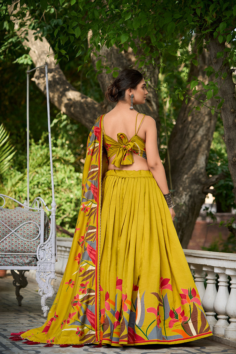 Mustard Yellow Tusser Silk Floral Print Lehenga Choli with Dupatta