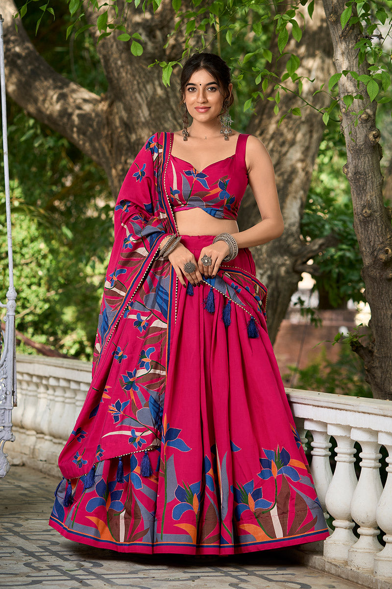 Rani Pink Tusser Silk Floral Print Lehenga Choli with Dupatta