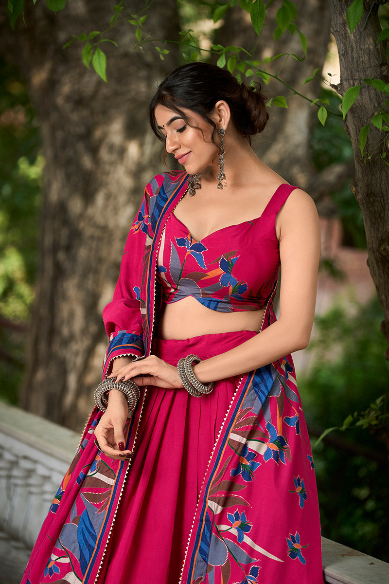 Rani Pink Tusser Silk Floral Print Lehenga Choli with Dupatta