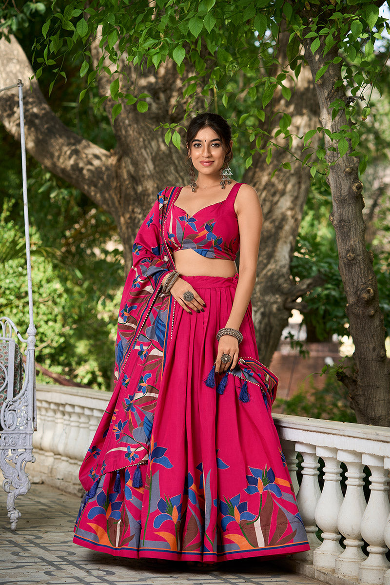 Rani Pink Tusser Silk Floral Print Lehenga Choli with Dupatta