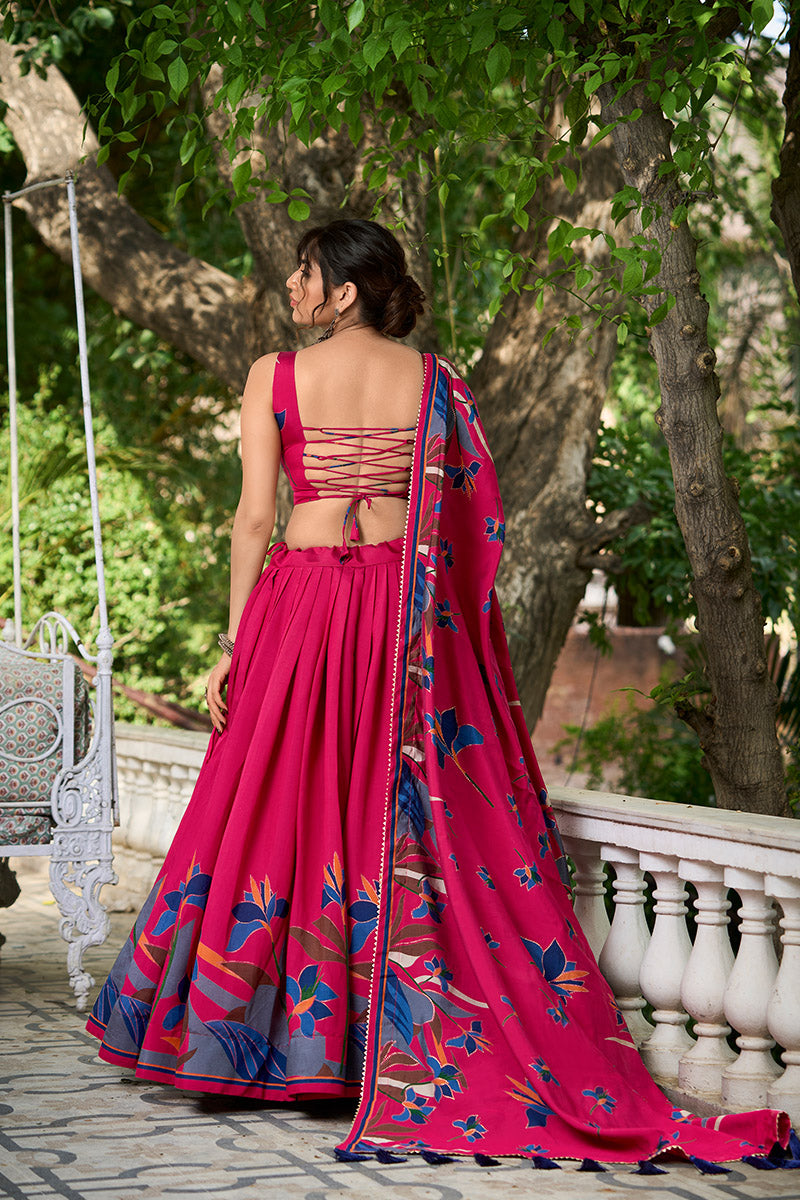 Rani Pink Tusser Silk Floral Print Lehenga Choli with Dupatta