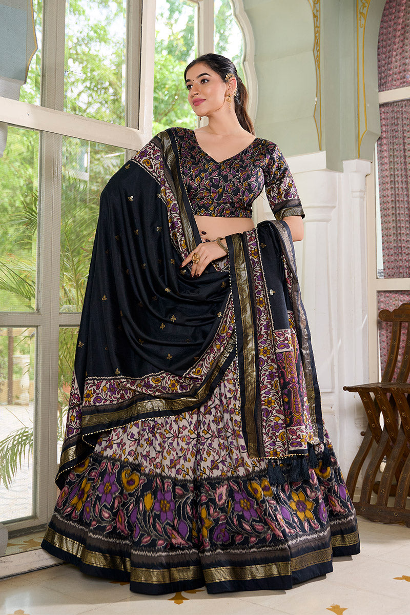 Black Floral Embroidered Tussar silk Lehenga Choli with Dupatta