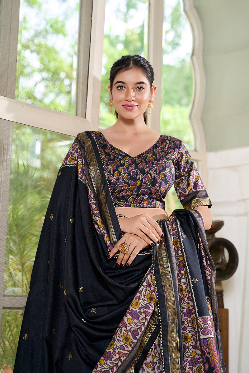 Black Floral Embroidered Tussar silk Lehenga Choli with Dupatta