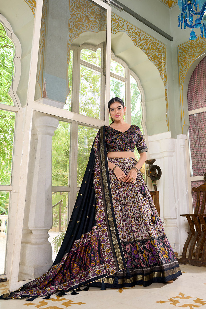 Black Floral Embroidered Tussar silk Lehenga Choli with Dupatta