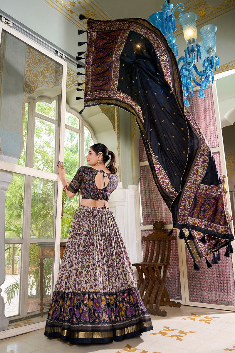 Black Floral Embroidered Tussar silk Lehenga Choli with Dupatta