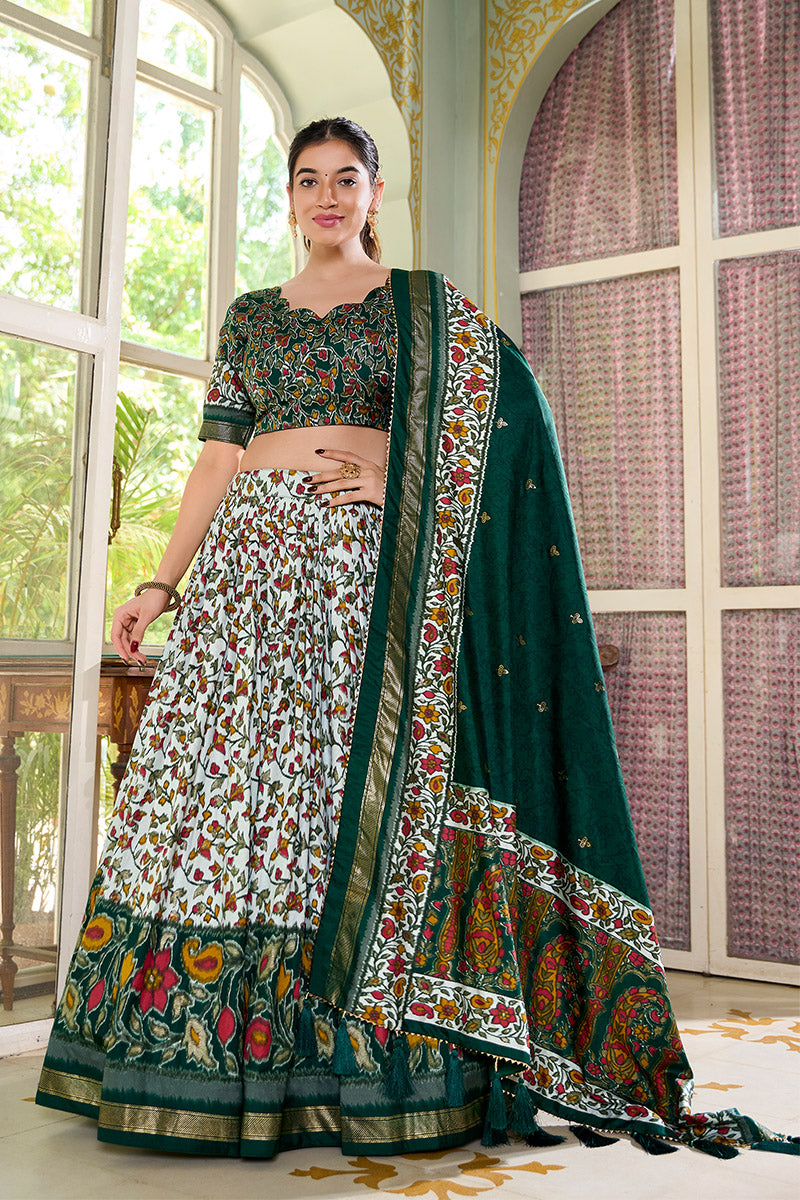 Green Multicolor Floral Embroidered Tussar silk Lehenga Choli with Dupatta