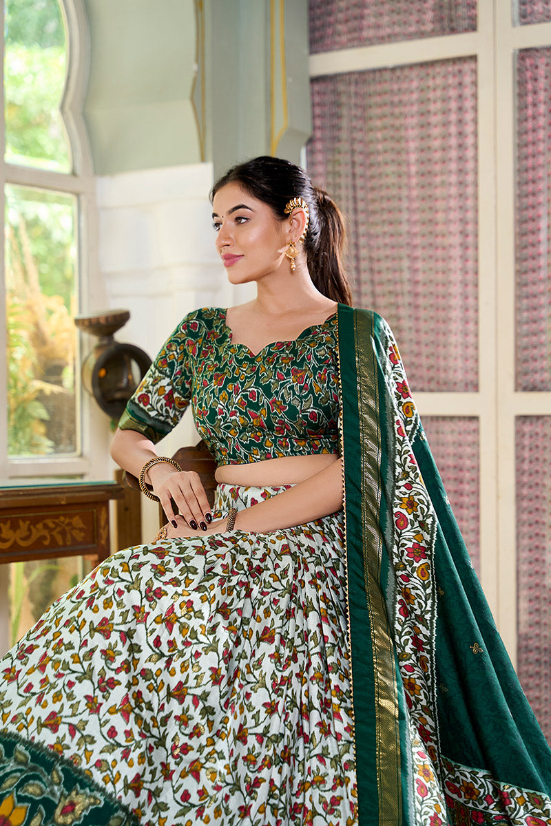 Green Multicolor Floral Embroidered Tussar silk Lehenga Choli with Dupatta