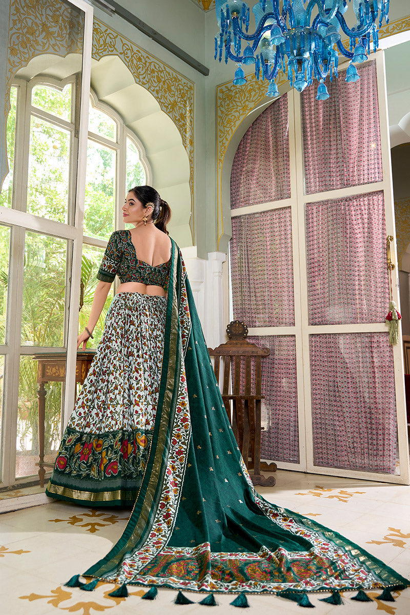Green Multicolor Floral Embroidered Tussar silk Lehenga Choli with Dupatta