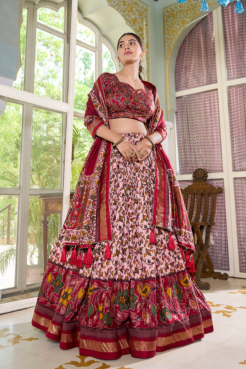 Maroon & Pink Floral Embroidered Tussar silk Lehenga Choli with Dupatta