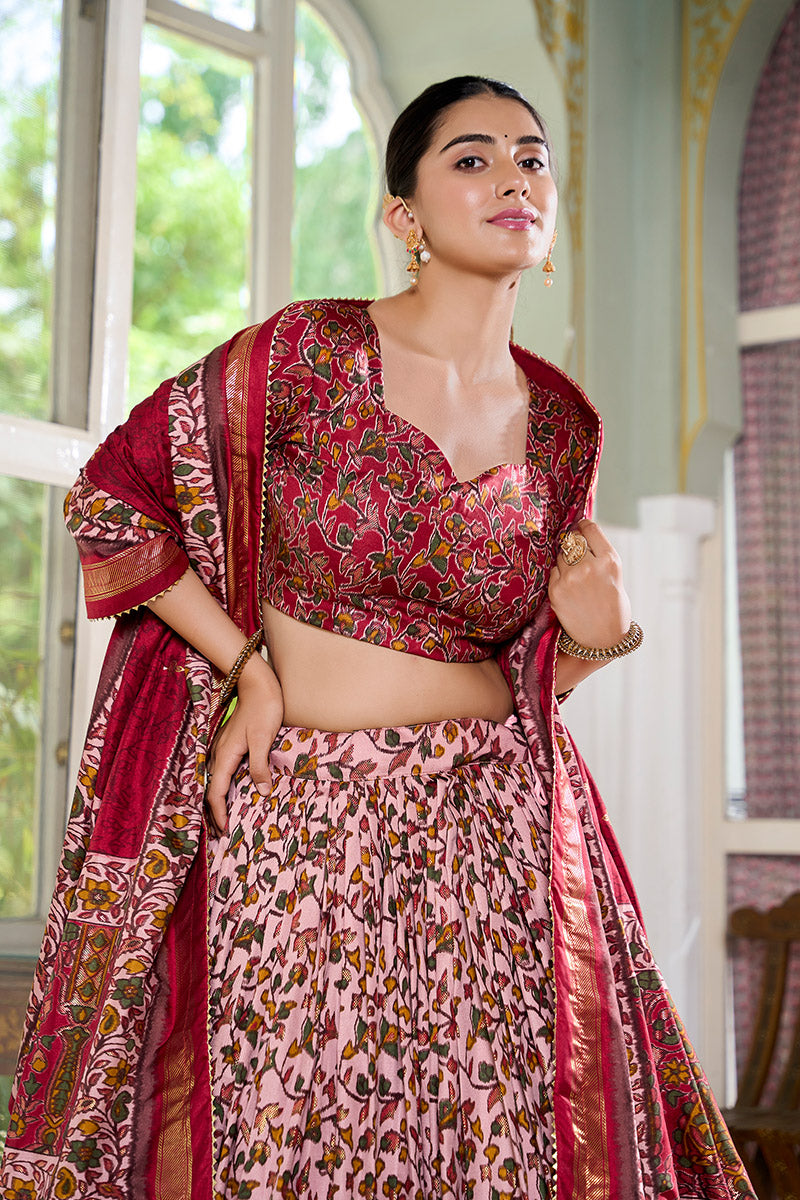 Maroon & Pink Floral Embroidered Tussar silk Lehenga Choli with Dupatta