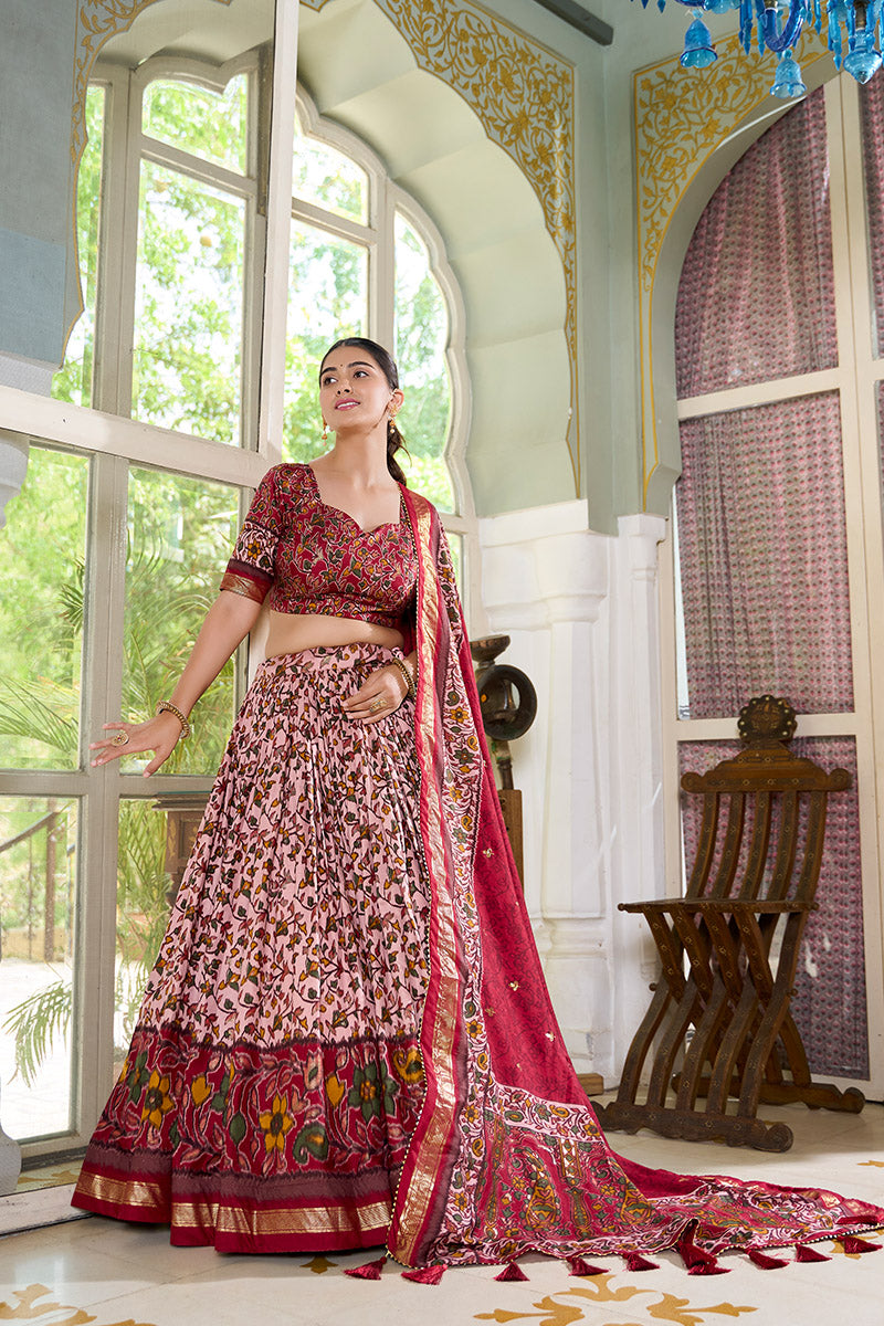 Maroon & Pink Floral Embroidered Tussar silk Lehenga Choli with Dupatta