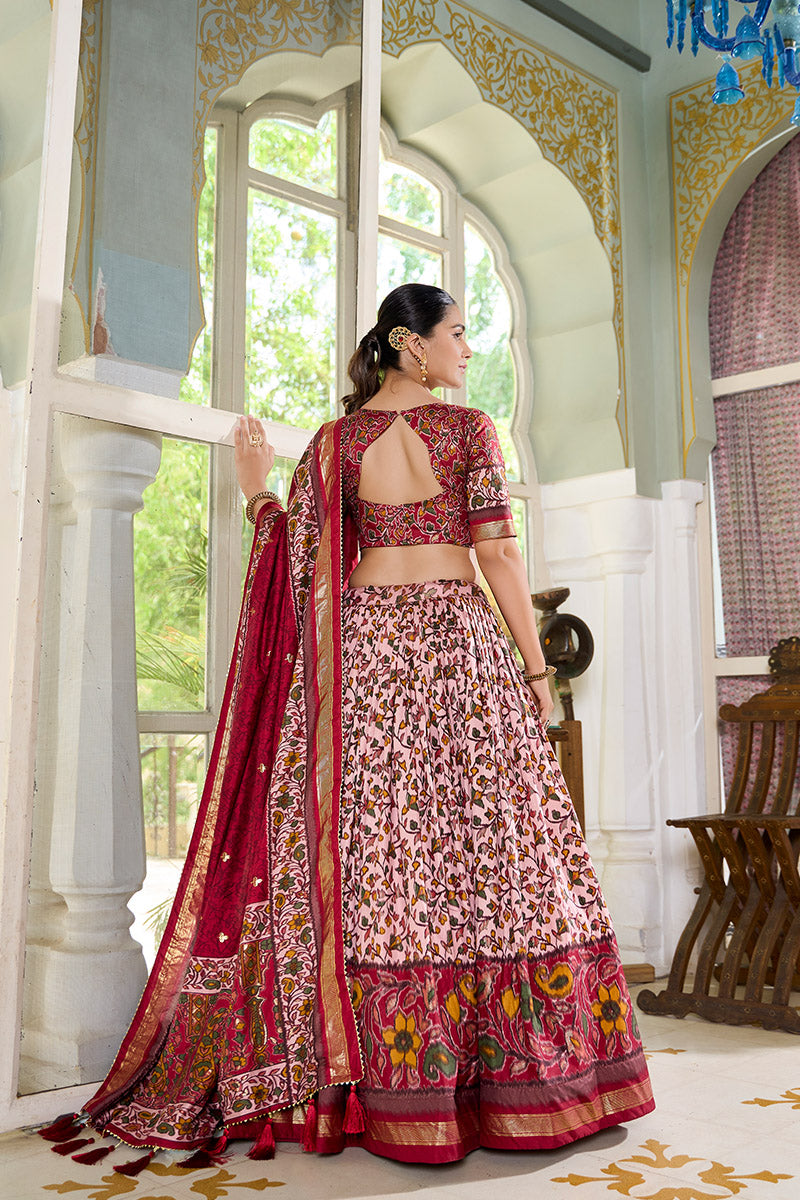 Maroon & Pink Floral Embroidered Tussar silk Lehenga Choli with Dupatta