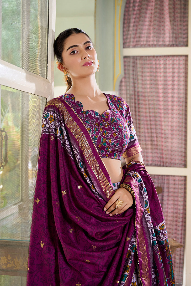 Purple & Multicolor Floral Embroidered Tussar silk Lehenga Choli with Dupatta