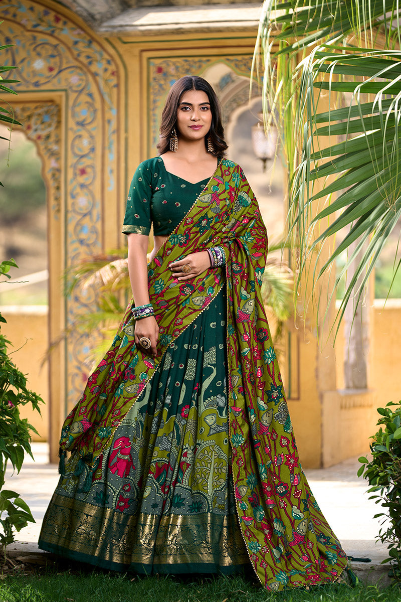 Elegant Green Printed Lehenga Choli with Dupatta & Golden Zari Border