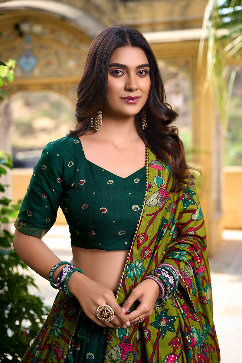 Elegant Green Printed Lehenga Choli with Dupatta & Golden Zari Border