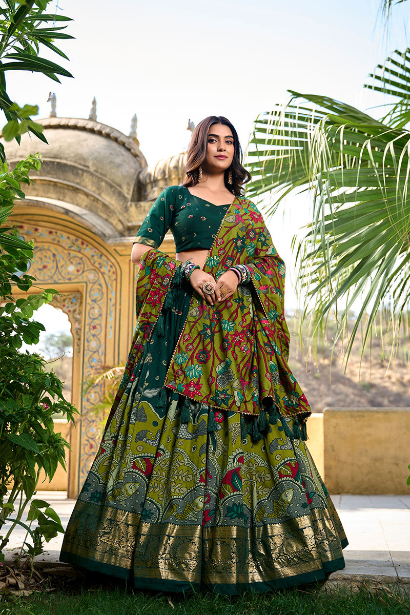 Elegant Green Printed Lehenga Choli with Dupatta & Golden Zari Border