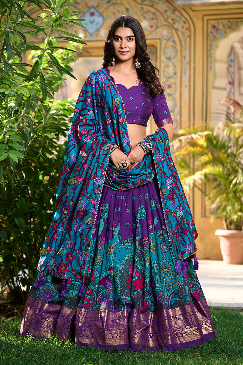 Royal Purple Printed Lehenga Choli with Dupatta & Golden Zari Border