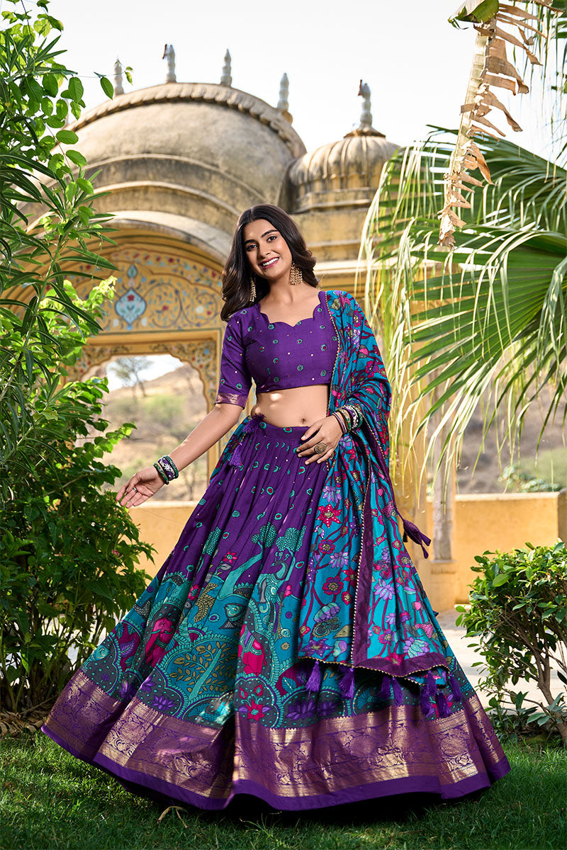 Royal Purple Printed Lehenga Choli with Dupatta & Golden Zari Border