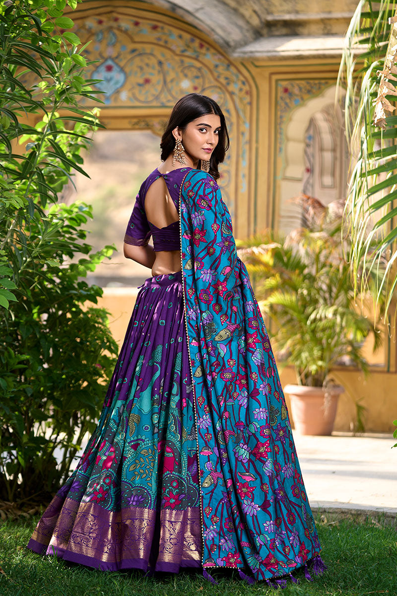 Royal Purple Printed Lehenga Choli with Dupatta & Golden Zari Border