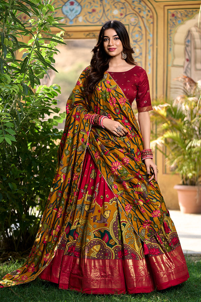 Majestic Red Printed Lehenga Choli with Dupatta & Golden Zari Border