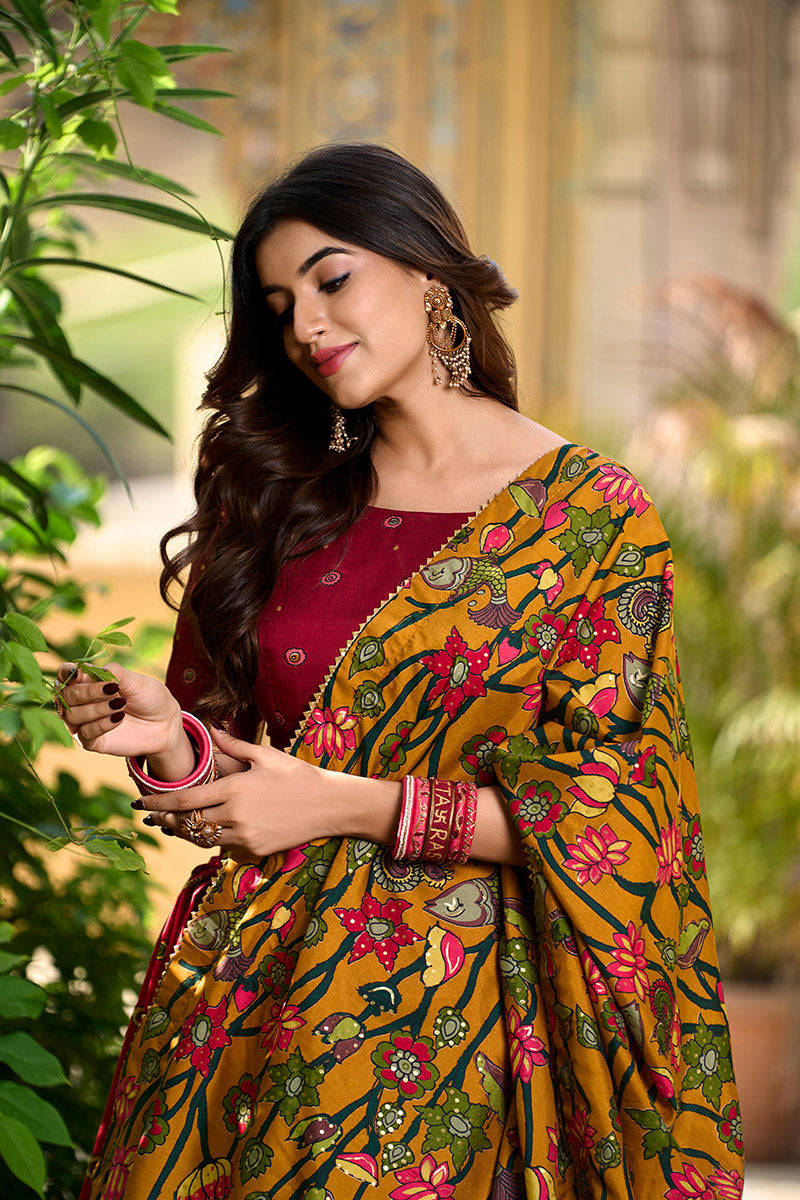 Majestic Red Printed Lehenga Choli with Dupatta & Golden Zari Border