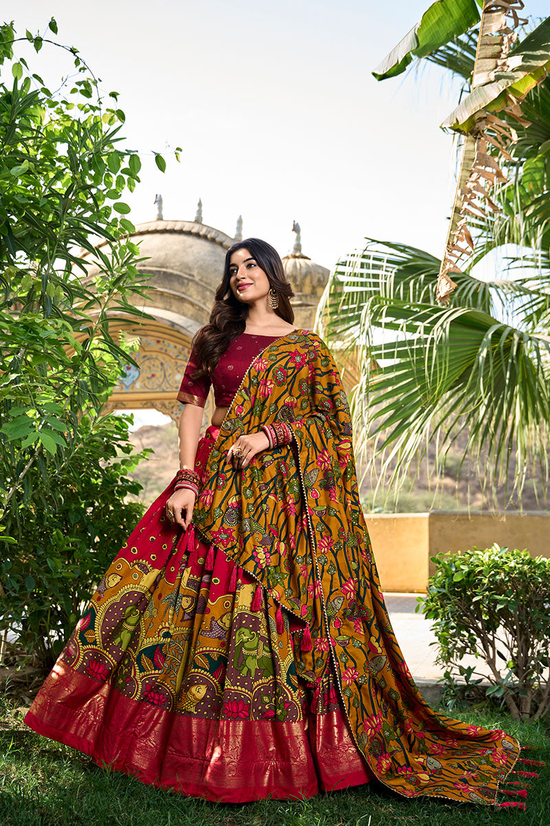 Majestic Red Printed Lehenga Choli with Dupatta & Golden Zari Border