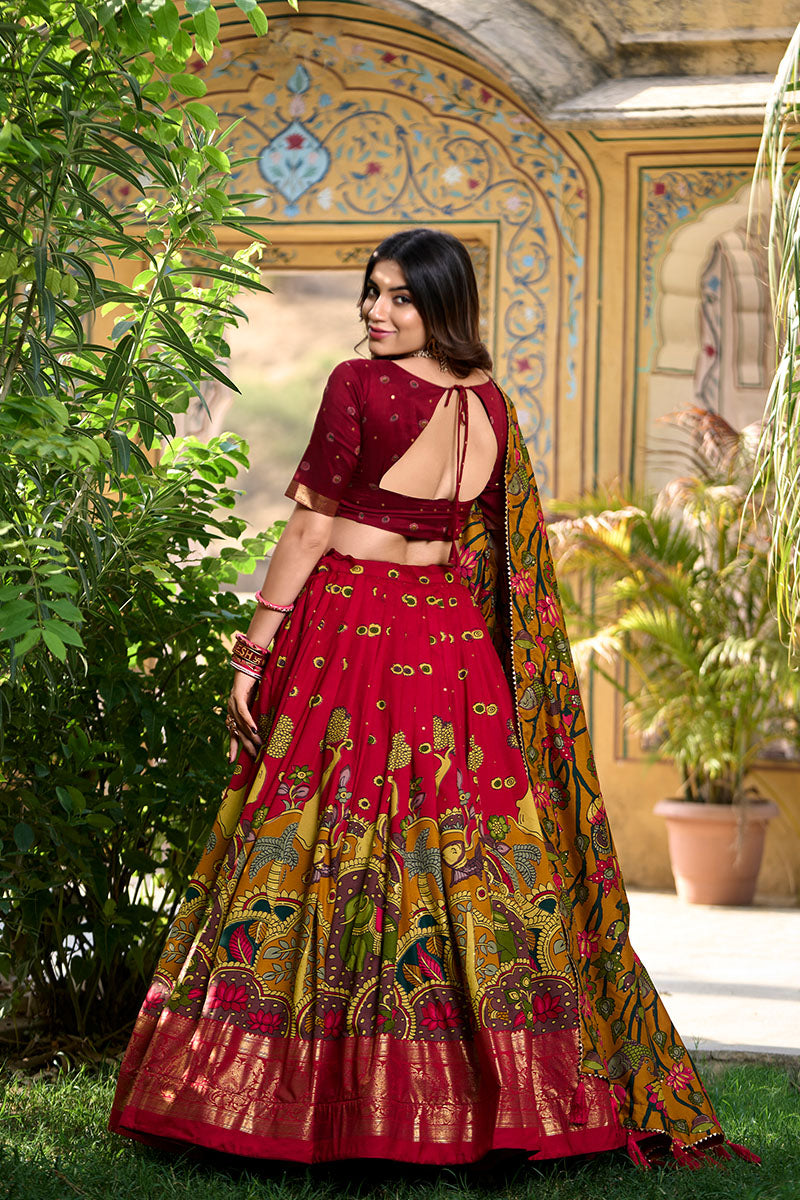 Majestic Red Printed Lehenga Choli with Dupatta & Golden Zari Border