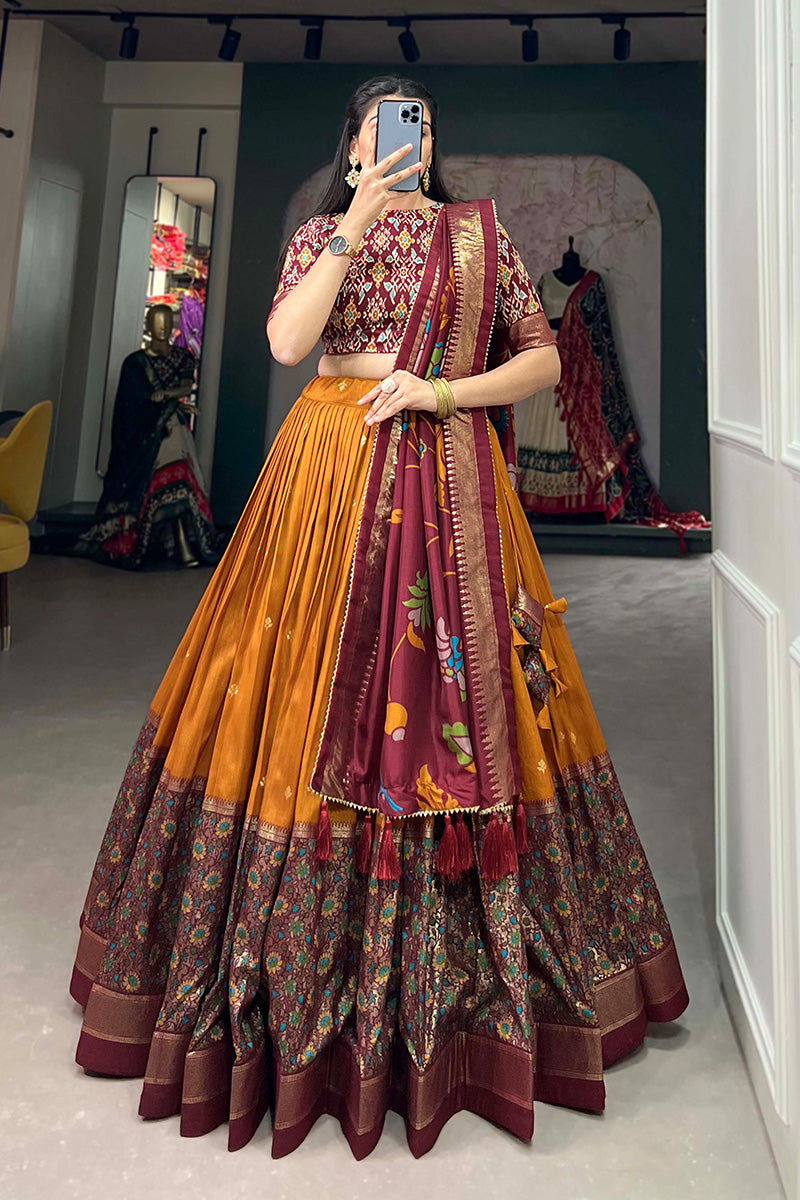 Mustard Yellow Tussar Silk Kalamkari Print Lehenga Choli With Dupatta And Foil Work Border