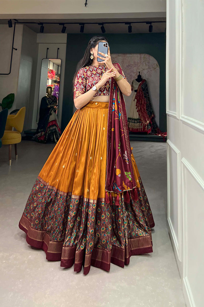 Mustard Yellow Tussar Silk Kalamkari Print Lehenga Choli With Dupatta And Foil Work Border