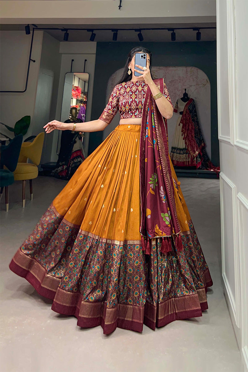 Mustard Yellow Tussar Silk Kalamkari Print Lehenga Choli With Dupatta And Foil Work Border