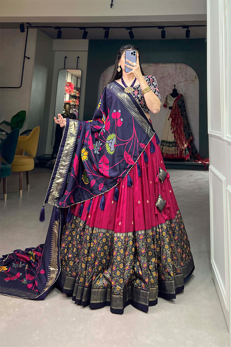 Magenta Pink Tussar Silk Kalamkari Print Lehenga Choli With Dupatta And Foil Work Border
