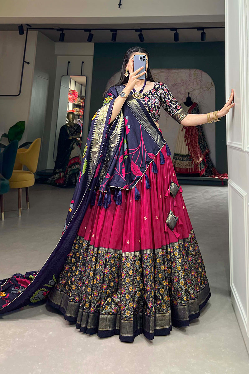Magenta Pink Tussar Silk Kalamkari Print Lehenga Choli With Dupatta And Foil Work Border
