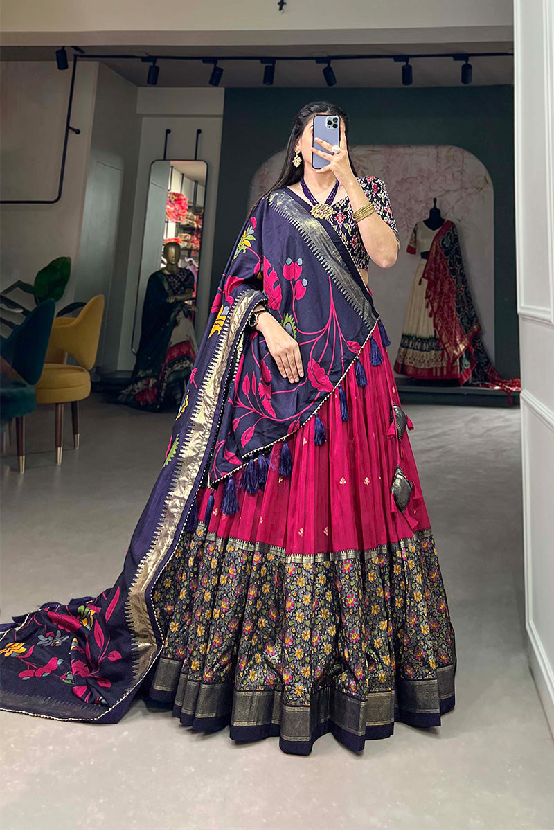 Magenta Pink Tussar Silk Kalamkari Print Lehenga Choli With Dupatta And Foil Work Border
