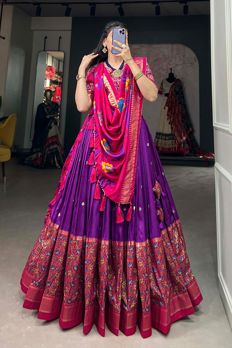 Purple & Pink Tussar Silk Kalamkari Print Lehenga Choli With Dupatta And Foil Work Border