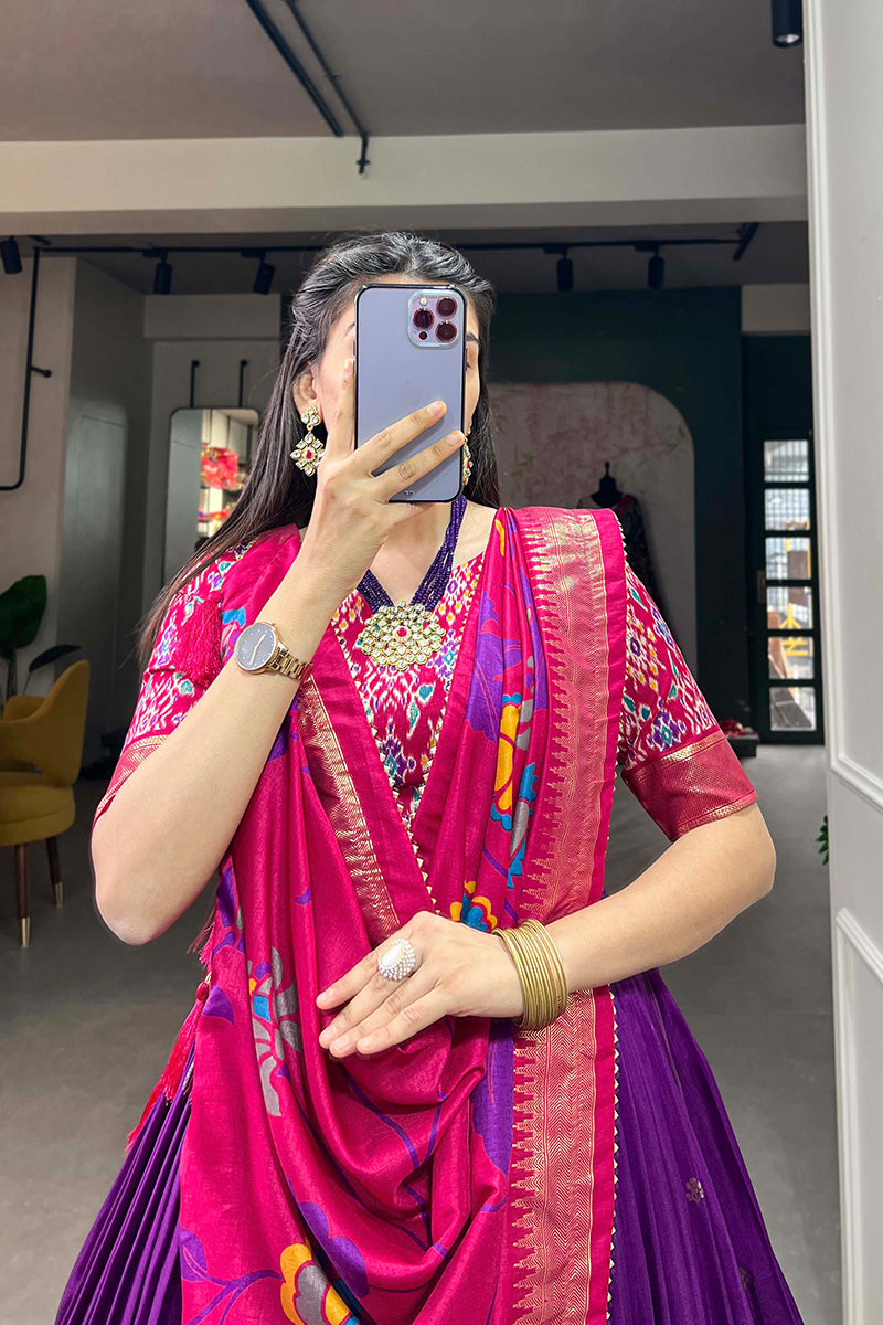 Purple & Pink Tussar Silk Kalamkari Print Lehenga Choli With Dupatta And Foil Work Border
