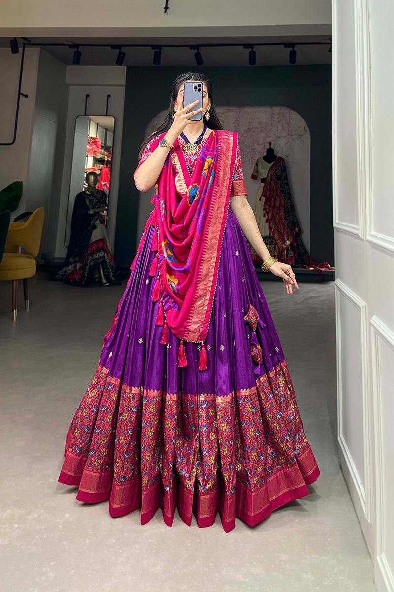 Purple & Pink Tussar Silk Kalamkari Print Lehenga Choli With Dupatta And Foil Work Border