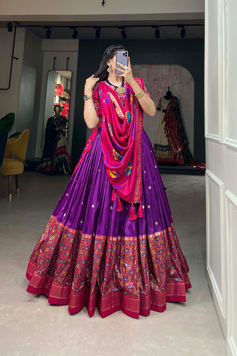 Purple & Pink Tussar Silk Kalamkari Print Lehenga Choli With Dupatta And Foil Work Border