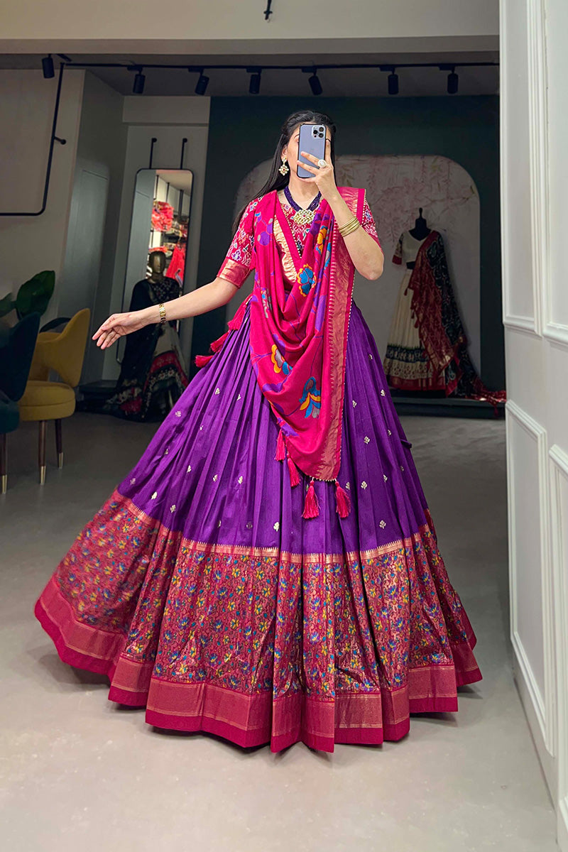 Purple & Pink Tussar Silk Kalamkari Print Lehenga Choli With Dupatta And Foil Work Border
